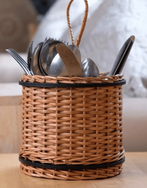 Wicker & Wood Fruit Basket With 2 Tiers & Cutlery Holder Combo Handcrafted in Kashmir - Image 3
